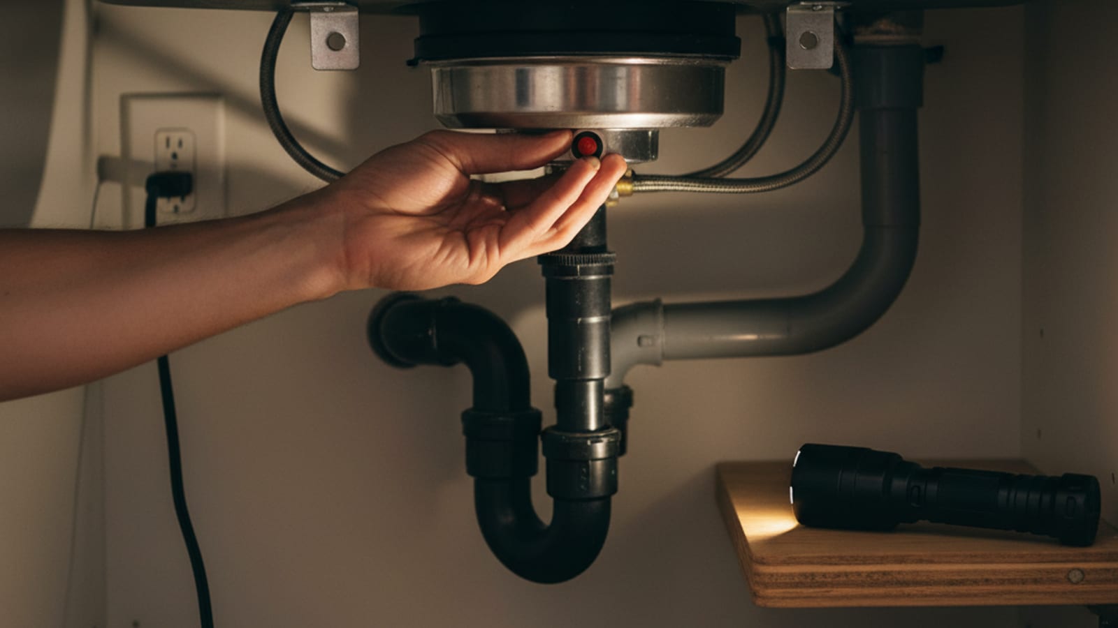Homeowner pressing the red reset button on the bottom of a garbage disposal inside a kitchen sink cabinet