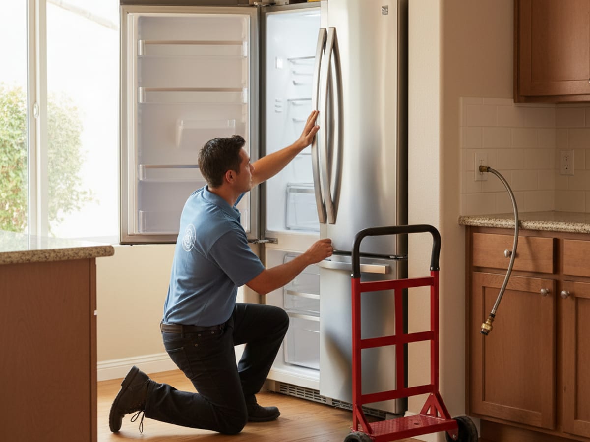 Repair technician leveling a new French-door refrigerator and connecting the water line