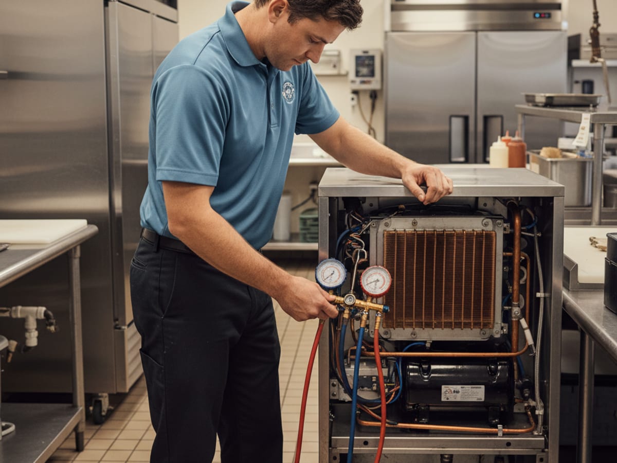Technician servicing a commercial ice machine compressor at a San Diego restaurant