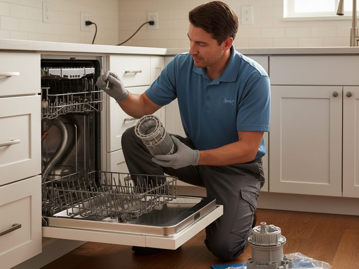 Technician inspecting a dishwasher drain pump and filter assembly during a service call