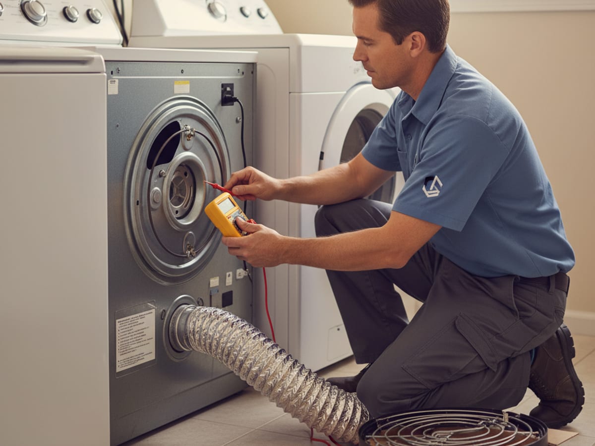 Repair technician inspecting a dryer heating element and vent connection during a service call