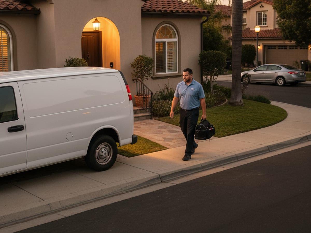 Service van arriving at a San Diego home for an emergency refrigerator repair call