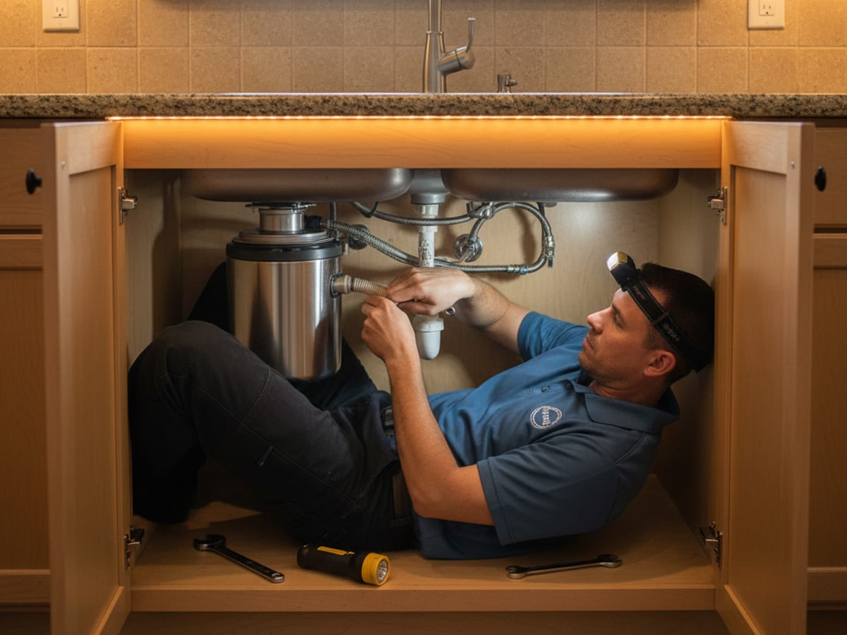 Technician installing a new InSinkErator disposal under a kitchen sink