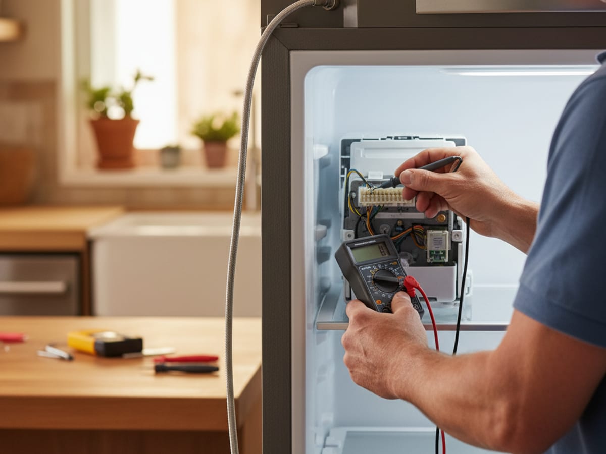 Technician testing an ice maker fill valve and water line on a French-door refrigerator