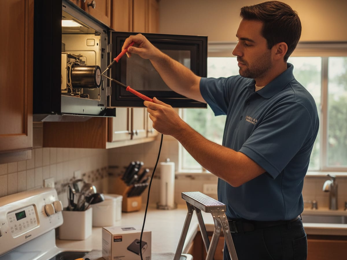 Technician safely discharging a microwave capacitor before replacing a magnetron