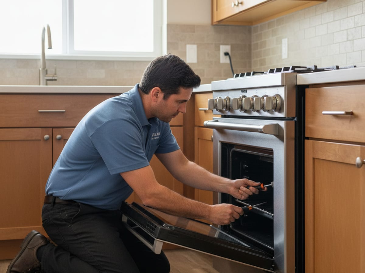 Technician testing a gas range igniter and burner on a stainless steel slide-in range
