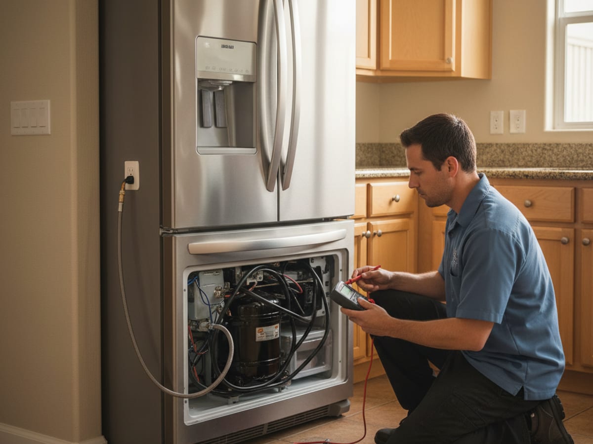 Appliance repair technician in steel-blue polo checking a refrigerator compressor with a multimeter