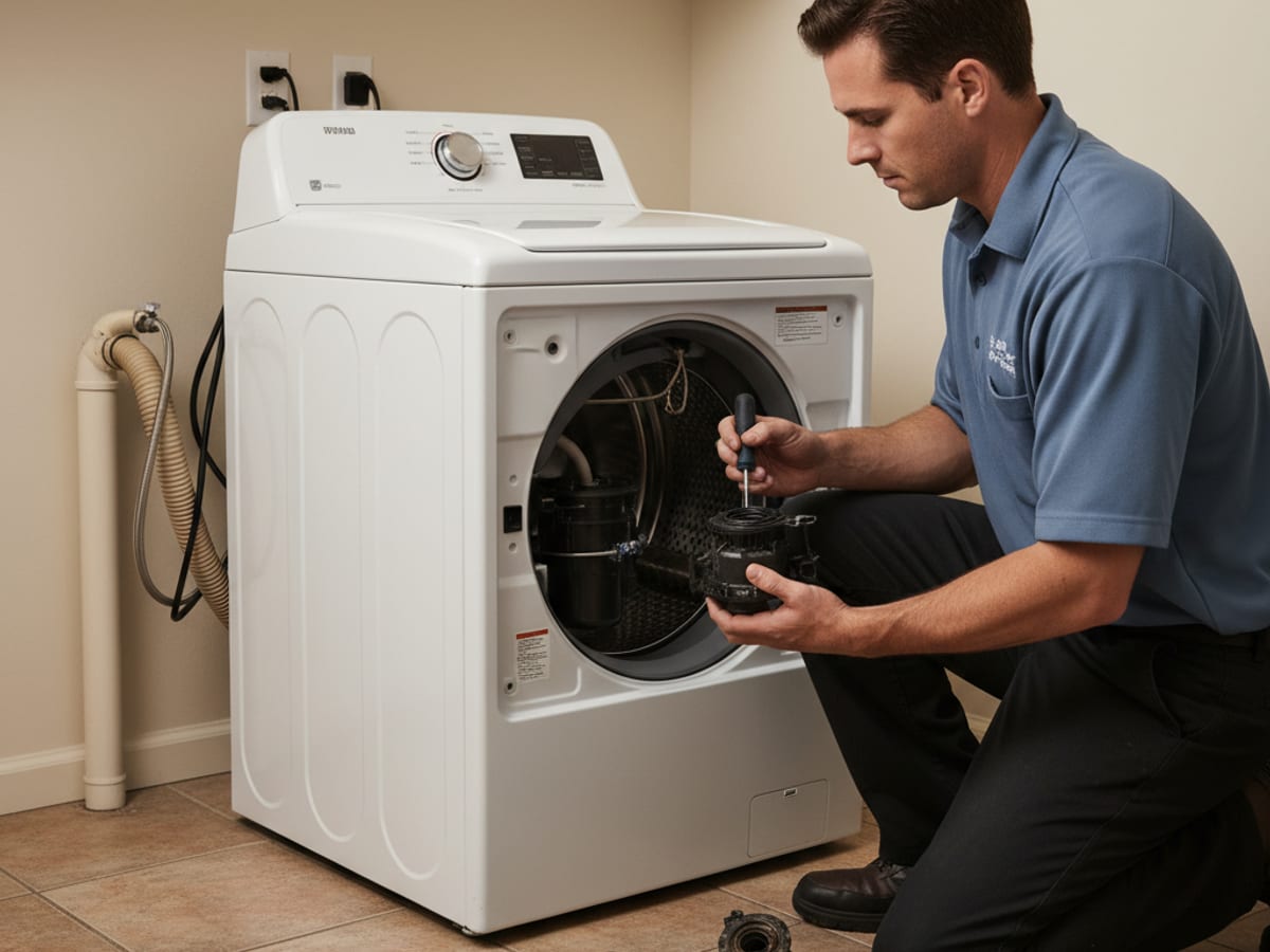 Appliance repair technician replacing a washing machine drain pump in a San Diego home laundry room